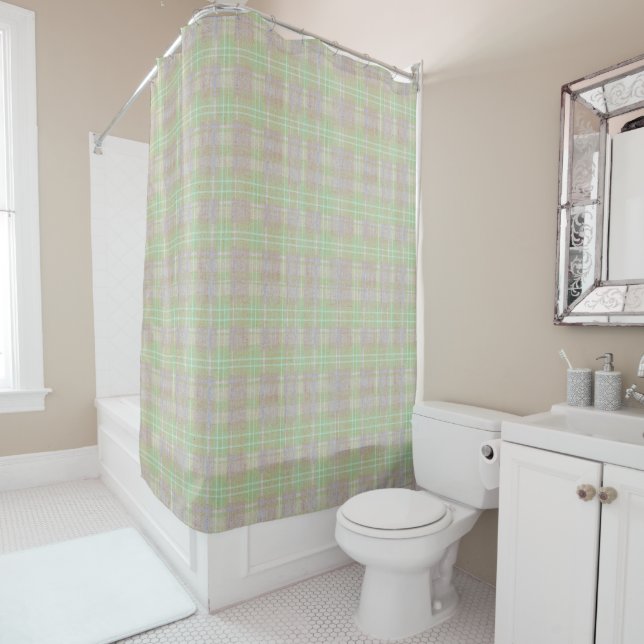 Weathered Neutral Sage Plaid Shower Curtain (In Situ)