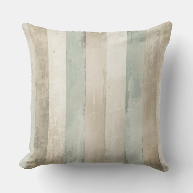 Weathered Soft Blue Tan Brown White Rustic Stripe Cushion (Front)