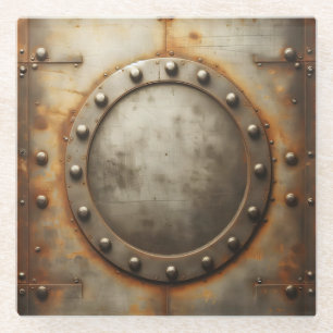 weathered steel, metal look glass coaster