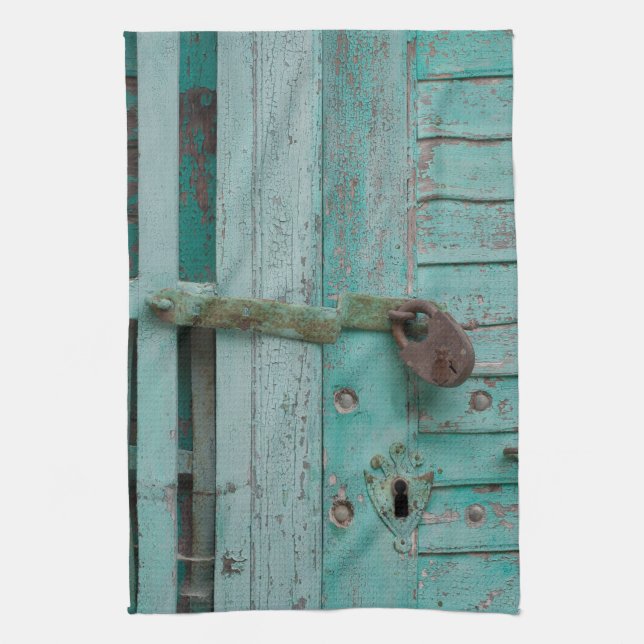 Weathered Turqouise Door Tea Towel (Vertical)