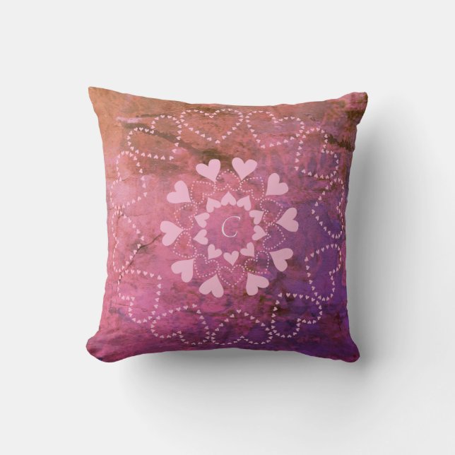 Weathered Valentine Mandala on Pink Rust Granite Cushion (Front)