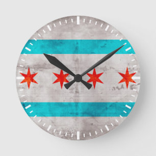 Weathered Vintage Chicago State Flag Round Clock