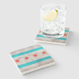 Weathered Vintage Chicago State Flag Stone Coaster