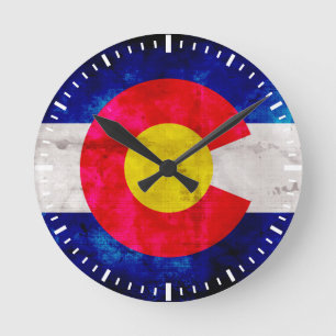 Weathered Vintage Colorado State Flag Round Clock