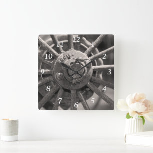 Weathered Wagon Wheel Square Clock