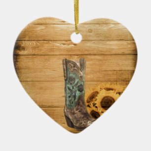 Weathered Western Country sunflower cowboy boot Ceramic Tree Decoration