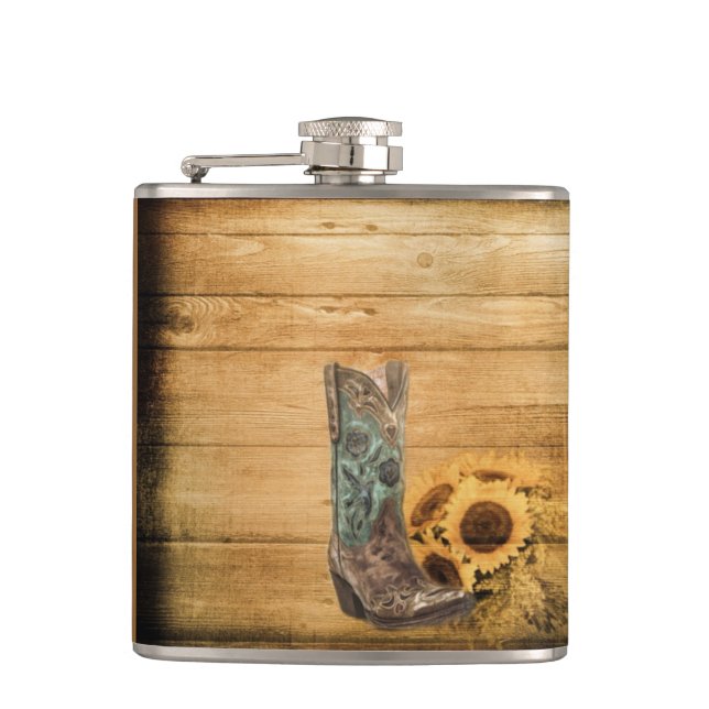 Weathered Western Country sunflower cowboy boot Hip Flask (Front)