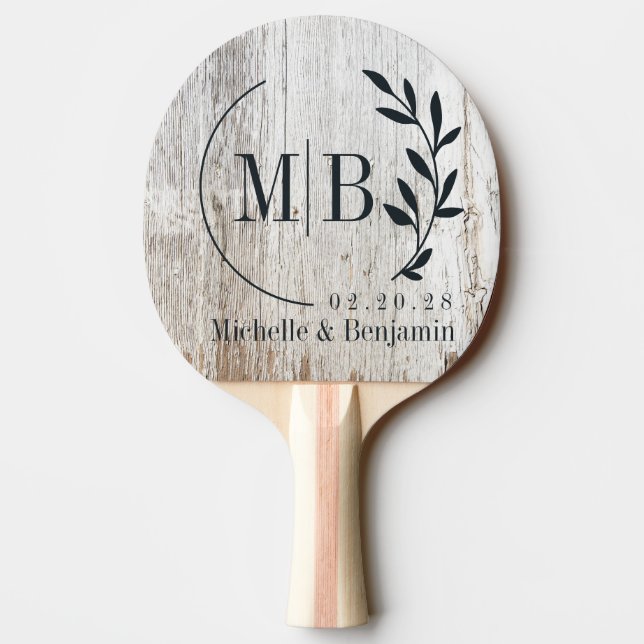 Weathered White Washed Wood Leaf Wedding Monogram Ping Pong Paddle (Back)