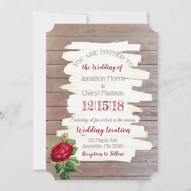 Weathered Wood Burgundy Rose Wedding Invitation (Front)