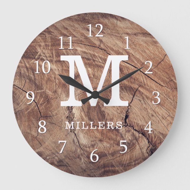 Weathered Wood Farmhouse Family Monogram Large Clock (Front)