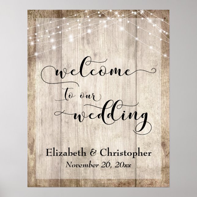 Weathered Wood & Lights Wedding Welcome Sign (Front)