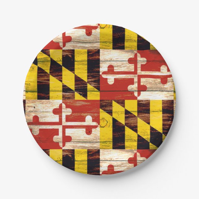Weathered wood Maryland flag paper plates (Front)