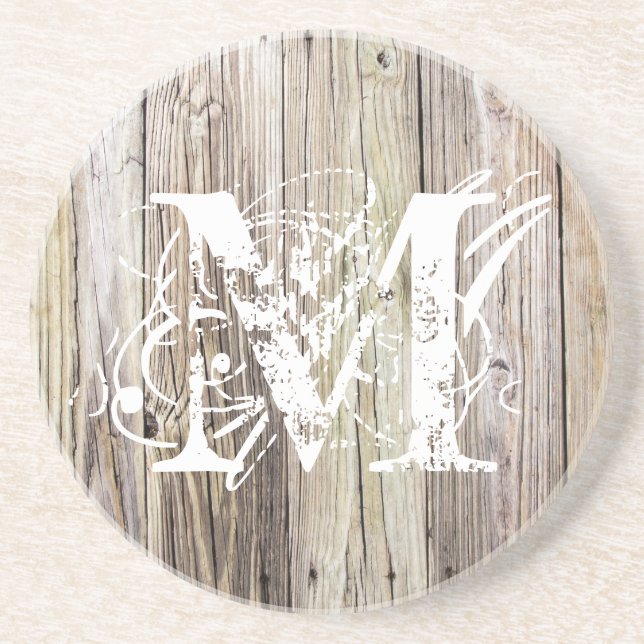 Weathered Wood Monogrammed Sandstone Coaster (Front)