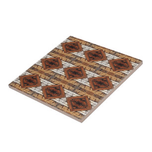 Weathered Wood Planks Diamond Pattern Mixed Media Ceramic Tile