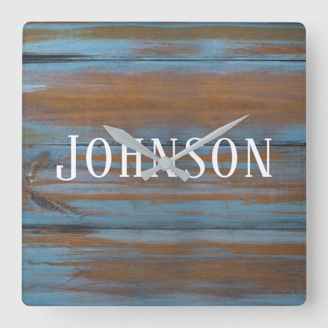 weathered wood with family name square wall clock (Front)