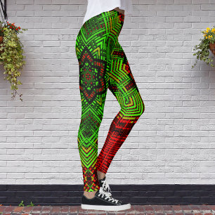 Weave Mandala Flower Red and Green Leggings