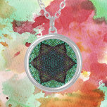 Weave Mandala Green Blue and Purple Silver Plated Necklace<br><div class="desc">This funky mandala features green,  blue,  and purple in a basket weave style. Psychedelic visuals for the modern hippie or anyone who loves groovy colours.</div>