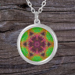 Weave Mandala Green Orange and Pink Silver Plated Necklace<br><div class="desc">This funky mandala features green,  orange,  and pink in a basket weave style. Psychedelic visuals for the modern hippie or anyone who loves groovy colours.</div>