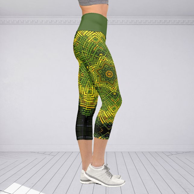 Weave Mandala Green Yellow and Black Capri Leggings (Creator Uploaded)