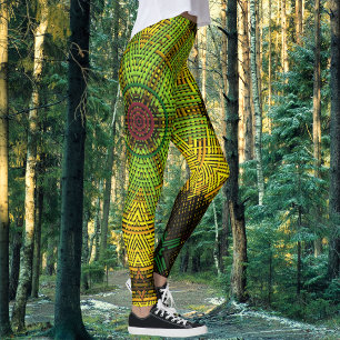 Weave Mandala Green Yellow and Red Leggings