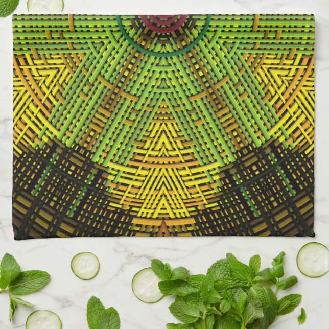 Weave Mandala Green Yellow and Red Tea Towel (Folded)