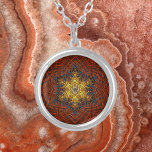 Weave Mandala Orange Yellow and Blue Silver Plated Necklace<br><div class="desc">This funky mandala features orange,  yellow,  and blue in a basket weave style. Psychedelic visuals for the modern hippie or anyone who loves groovy colours.</div>