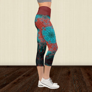 Weave Mandala Red and Blue Capri Leggings