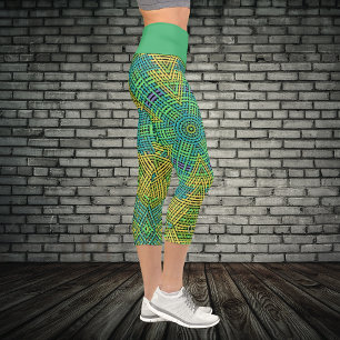Weave Mandala Yellow Green and Blue Capri Leggings