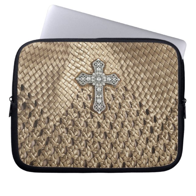 Weaved Laptop Case with Rhinestone & Pearl Cross (Front)