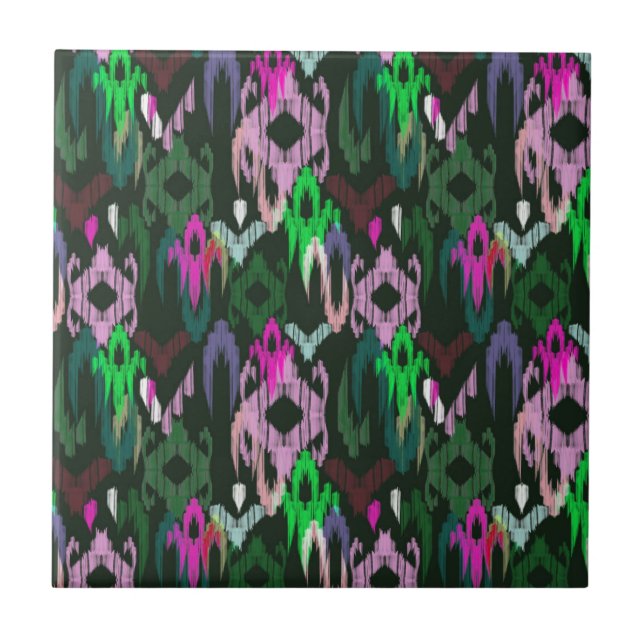 Weaving ikat in pink and green. Ceramic Tile (Front)