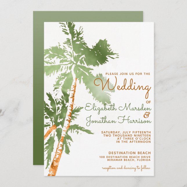 Website Beach Wedding Tropical Copper Palm Trees Invitation (Front/Back)