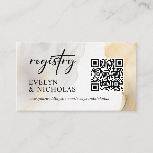 Website QR code Registry Gold Grey Floral Wedding Enclosure Card (Front)