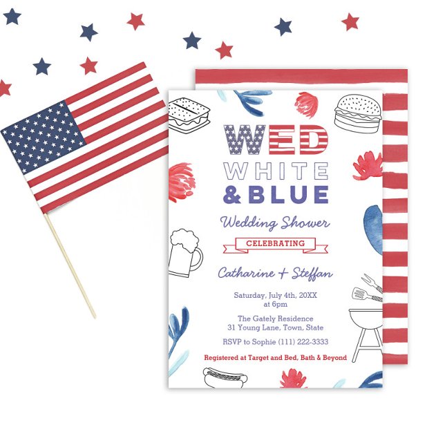 Wed White Blue BBQ Couples Shower Rehearsal Dinner Invitation (A Wed White And Blue BBQ Couples Wedding Shower Invitation)