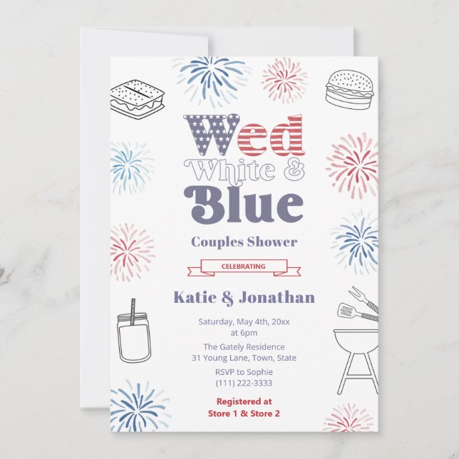 Wed White Blue Patriotic Couples Wedding Shower Invitation (Front)