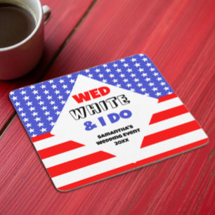 Wed, White & I Do Patriotic Wedding Event Square Paper Coaster