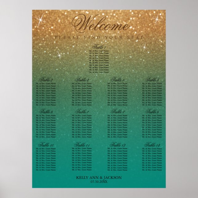  Wedding 13 Seating - Teal and Gold Glitter Poster (Front)