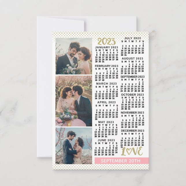 Wedding 2023 Calendar Blush Pink Gold 3 Photos Save The Date (Front)
