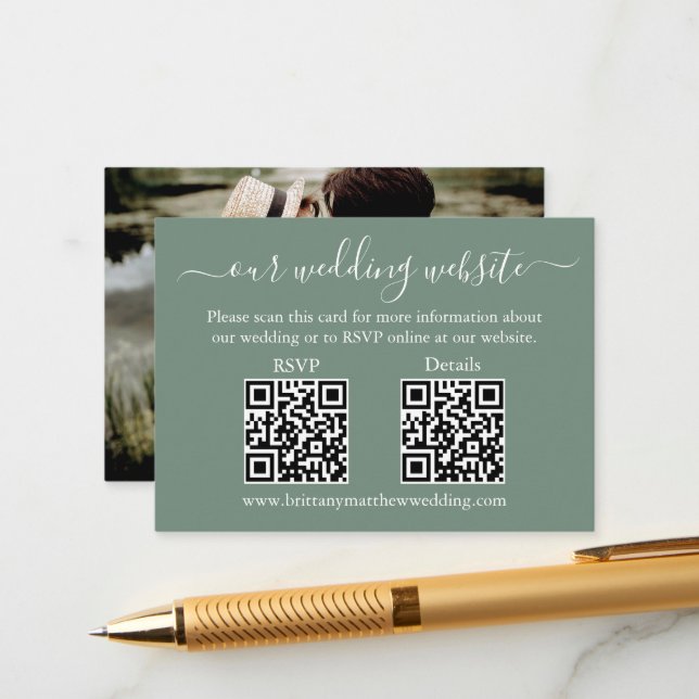 Wedding 2 QR RSVP Details Photo Sage Green Enclosure Card (Front/Back In Situ)