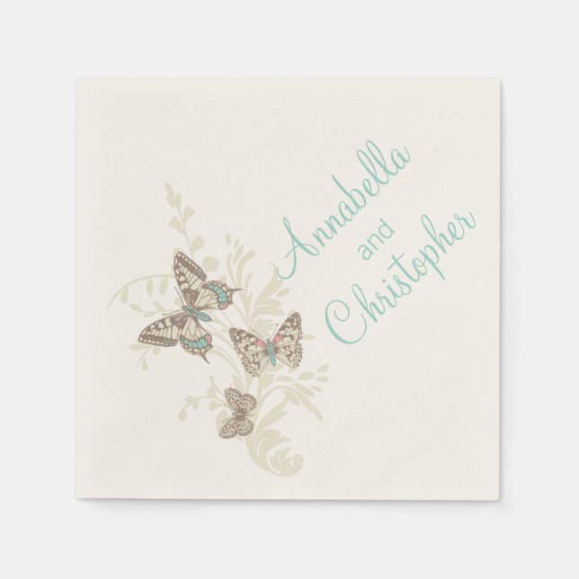 Wedding 3 ink butterflies teal cream paper napkin (Front)