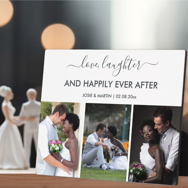 Wedding 3 Photo Collage with Love Laughter Quote Plaque (Creator Uploaded)