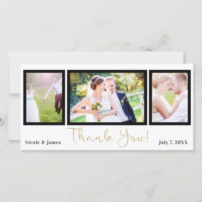 Wedding 3 Photo Picture Black Gold Thank You (Front)