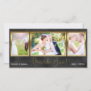 Wedding 3 Photo Picture Black Gold Thank You Card