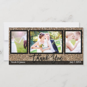 Wedding 3 Photo Picture Bronze Glitter Thank You Card