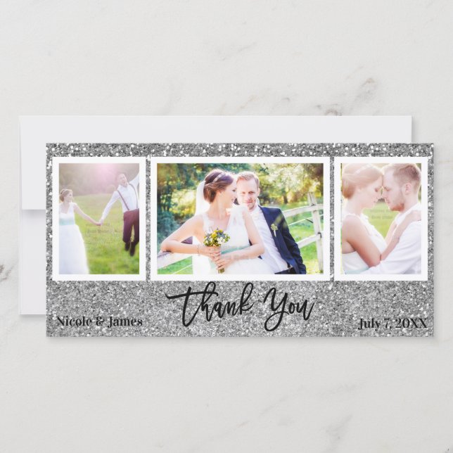 Wedding 3 Photo Picture Silver Glitter Thank You (Front)