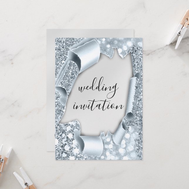 Wedding 3D Cart Effect Elegant Silver Glitter Blue Invitation (Front/Back In Situ)