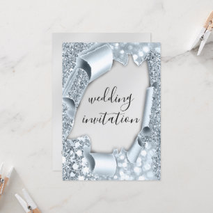 Wedding 3D Cart Effect Elegant Silver Glitter Blue Invitation