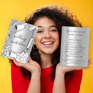 Wedding 3D Effect Elegant Grey Silver Glitter Invitation