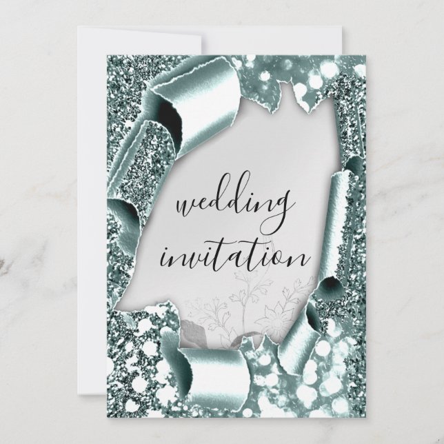 Wedding 3D Effect Frame Florals Silver Smoky Teal Invitation (Front)