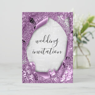 Wedding 3D Effect Silver Grey Purple Music  Invitation