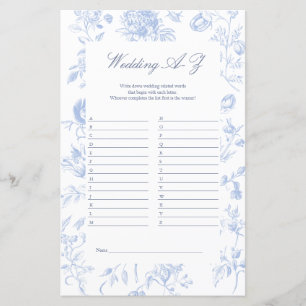 Wedding A to Z Game   Blue Toile Bridal Shower